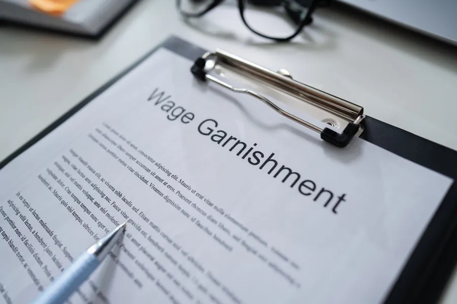 A document titled "Wage Garnishment" on a clipboard