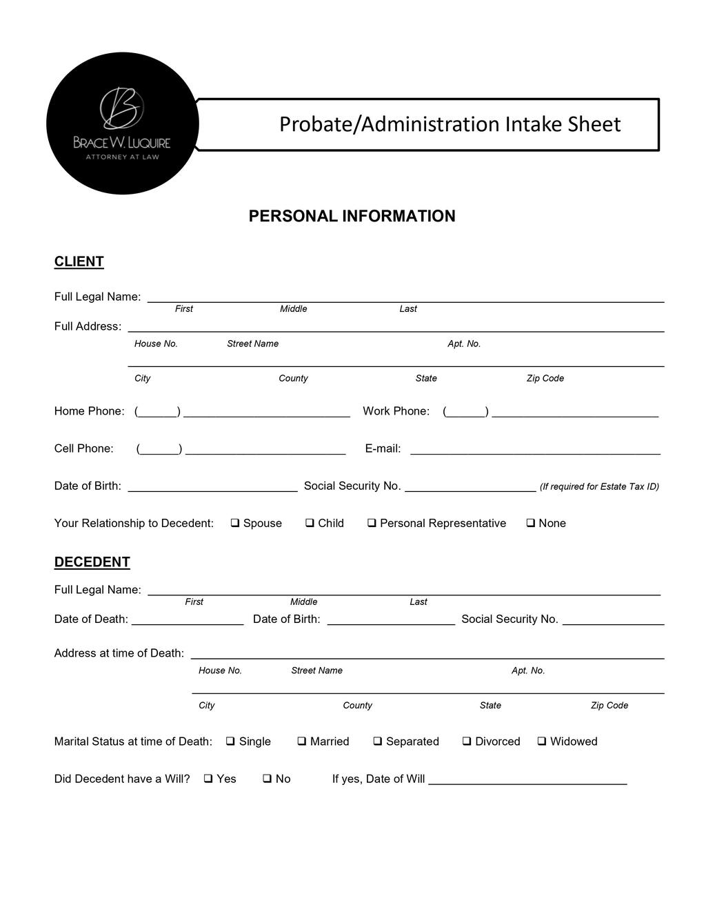 Probate/Administration Intake Sheet